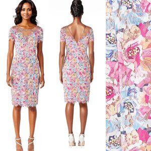 New! Rene Ruiz Pink Floral Illusion Neckline Lace Cocktail Dress 37229